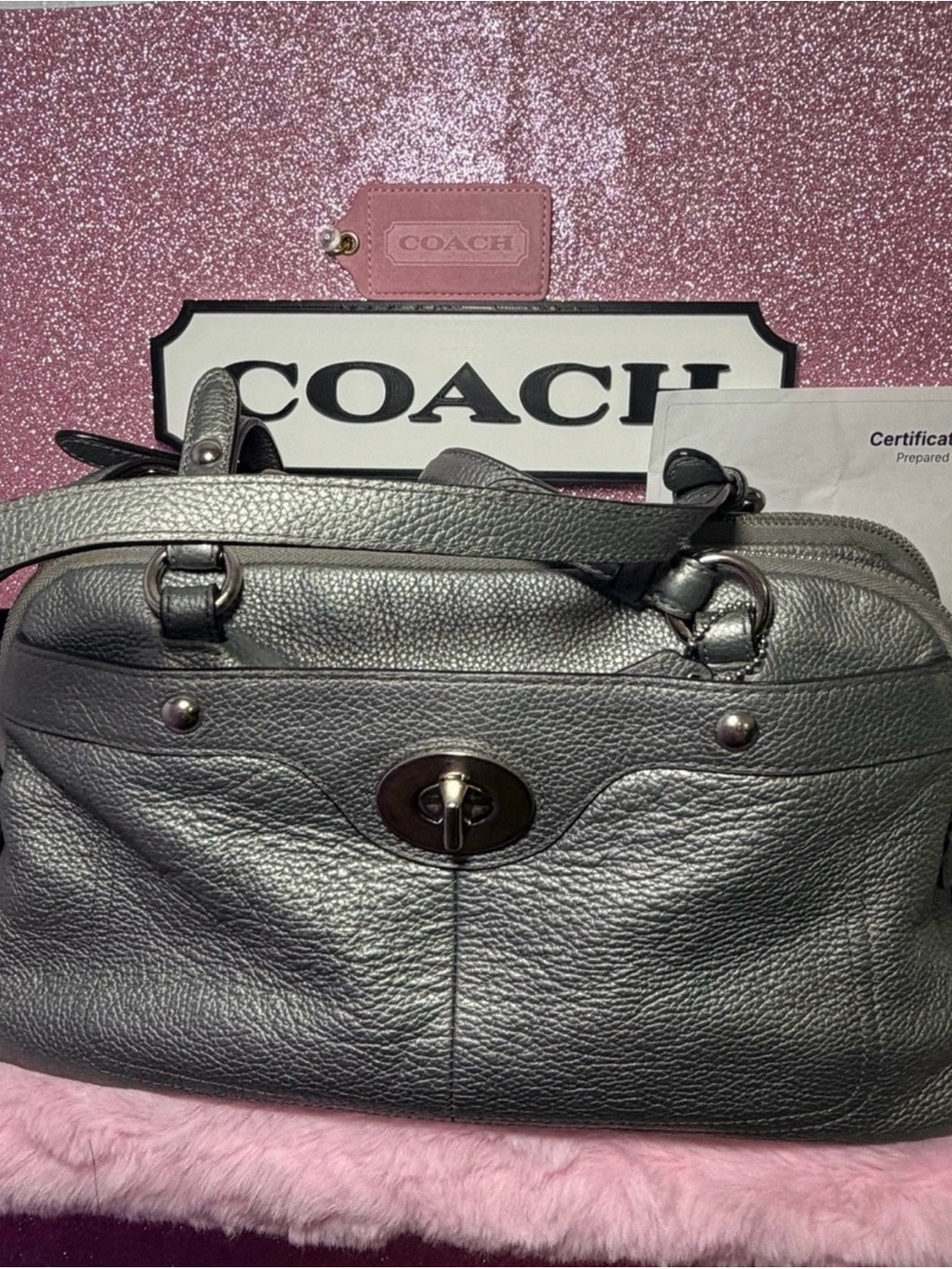 Coach Turnlock Satchel F16529 - Metallic Silver Pebbled Leather- Chelsea w/COA